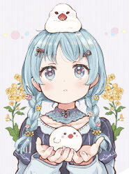 Rule 34 | 1girl, animal, bird, blue dress, blue eyes, blush, braid, collarbone, commentary request, detached collar, dress, eyelashes, fingernails, flower, flower in eye, french braid, hacosumi, hair flower, hair ornament, hair over shoulder, hairclip, highres, holding, holding animal, java sparrow, long hair, long sleeves, looking at viewer, open hands, original, parted lips, sidelocks, striped background, symbol in eye, twin braids, upper body, white bird