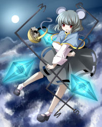 Rule 34 | 1girl, animal ears, basket, capelet, dowsing rod, female focus, flying, full body, grey hair, jewelry, moon, mouse (animal), mouse ears, mouse tail, nazrin, outdoors, pendant, red eyes, short hair, sky, solo, tail, touhou, tri