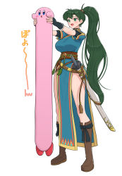 Rule 34 | 1girl, :d, absurdres, blue dress, boots, breasts, brown footwear, dress, fire emblem, fire emblem: the blazing blade, full body, gonzarez, green eyes, green hair, highres, holding, kirby, kirby (series), knee boots, large breasts, long hair, longcat (meme), lyn (fire emblem), matching hair/eyes, meme, meme request, nintendo, oomoto makiko, open mouth, pelvic curtain, ponytail, rope belt, scabbard, sheath, sheathed, short sleeves, smile, standing, sword, thighs, translation request, very long hair, voice actor connection, weapon