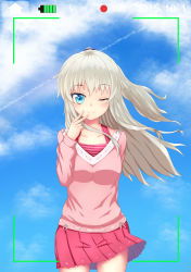 Rule 34 | 10s, 1girl, absurdres, blue eyes, blush, charlotte (anime), cloud, cowboy shot, day, female focus, grey hair, highres, long hair, looking at viewer, miniskirt, one eye closed, outdoors, pleated skirt, ponytail, recording, red skirt, ribbon trim, rumaki, skirt, sky, solo, standing, straight hair, tomori nao, v, viewfinder, wink