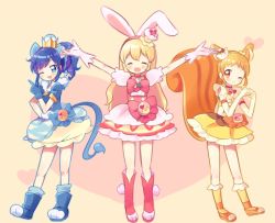 Rule 34 | 10s, 3girls, :d, ;), ;d, ^ ^, aikatsu!, aikatsu! (series), animal ears, arisugawa otome, arms up, blonde hair, blue eyes, blue hair, blush, boots, bow, bowtie, brown eyes, cake hair ornament, choker, closed eyes, commentary request, cosplay, cure custard, cure custard (cosplay), cure gelato, cure gelato (cosplay), cure whip, cure whip (cosplay), double bun, dress, earrings, elbow gloves, extra ears, finger gun, food, food-themed hair ornament, fruit, gloves, hair bun, hair ornament, heart, heart background, heart hands, hoshimiya ichigo, jewelry, kimoko, kirakira precure a la mode, kiriya aoi, lion ears, lion tail, long hair, looking at viewer, magical girl, multiple girls, name connection, one eye closed, open mouth, orange hair, precure, puffy sleeves, rabbit ears, side ponytail, skirt, smile, squirrel ears, squirrel tail, strawberry, tail