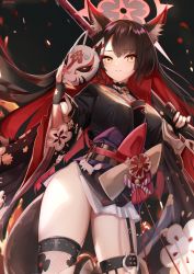Rule 34 | 1girl, absurdres, animal ear fluff, animal ears, arisaka, black hair, black kimono, black nails, blue archive, bolt action, brown eyes, commentary request, fishnet thighhighs, fishnets, fox ears, fox mask, gun, halo, hand up, highres, holding, holding gun, holding mask, holding weapon, japanese clothes, kimono, long hair, long sleeves, looking at viewer, mask, unworn mask, multicolored hair, nail polish, nekoya (liu), obi, parted lips, red hair, rifle, sash, single thighhigh, solo, thighhighs, thighs, two-tone hair, very long hair, wakamo (blue archive), weapon, wide sleeves