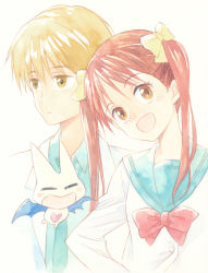 Rule 34 | 1boy, 1girl, :d, agahari, blonde hair, blue neckwear, blue sailor collar, blue shirt, blush, bow, bowtie, brown eyes, calligraphy brush (medium), closed mouth, collared shirt, colored pencil (medium), copyright request, creature, hair bow, head tilt, highres, long hair, long sleeves, looking at viewer, necktie, open mouth, red hair, red neckwear, sailor collar, school uniform, serafuku, shirt, simple background, smile, traditional media, twintails, white background, wing collar, yellow bow, yellow eyes