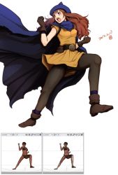 Rule 34 | 1girl, alena (dq4), blush, boots, breasts, brown hair, cape, capelet, cloak, curly hair, dragon quest, dragon quest iv, dress, gloves, harumaki, hat, long hair, open mouth, pantyhose, solo