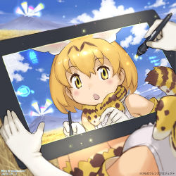 Rule 34 | 10s, animal ears, artist name, blonde hair, blue sky, bow, bowtie, chestnut mouth, cloud, dated, day, drawing tablet, elbow gloves, extra ears, gloves, hair between eyes, holding, holding stylus, kemono friends, looking at viewer, lucky beast (kemono friends), making-of available, meta, mountain, official art, outdoors, print bow, print bowtie, print neckwear, sandstar, serval (kemono friends), serval print, serval tail, shirt, signature, sky, sleeveless, sleeveless shirt, solo, stylus, tail, wacom cintiq, watermark, white gloves, yellow bow, yellow bowtie, yellow eyes, yoshizaki mine