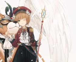 Rule 34 | 1girl, ;), animal, ascot, badge, black skirt, blunt bangs, brooch, brown hair, cardcaptor sakura, closed eyes, closed mouth, crescent, crescent pin, dangmill, epaulettes, feathered wings, feathers, frilled sleeves, frills, gem, green eyes, hat, headpiece, holding, holding wand, jacket, jewelry, kinomoto sakura, long skirt, long sleeves, nail polish, nuzzle, one eye closed, open clothes, open jacket, petals, red hat, red jacket, ring, short hair, simple background, skirt, smile, solo, star (symbol), wand, white background, white nails, white wings, wings