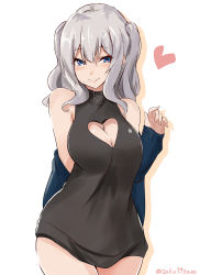Rule 34 | 1girl, absurdres, alternate costume, bare shoulders, black dress, blue eyes, blush, cleavage cutout, clothing cutout, dress, grey hair, hair in own mouth, halter dress, halterneck, heart cutout, highres, jacket, kantai collection, kashima (kancolle), long hair, looking at viewer, no headwear, saku (kudrove), solo, twintails
