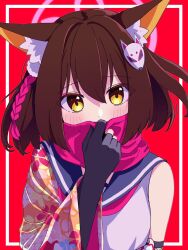 Rule 34 | 1girl, animal ears, blue archive, blush, brown hair, covering own mouth, fox ears, fox hair ornament, gloves, halo, highres, izuna (blue archive), karon (karon cha), partially fingerless gloves, red background, sailor collar, scarf, scarf over mouth, single sleeve, yellow eyes