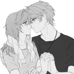 Rule 34 | 1boy, 1girl, black shirt, closed mouth, collarbone, grey shirt, highres, holding, holding weapon, imminent kiss, jewelry, long hair, luke pearce (tears of themis), monochrome, necklace, rosa (tears of themis), seventastic, shirt, short hair, short sleeves, simple background, smile, tears of themis, upper body, weapon, white background