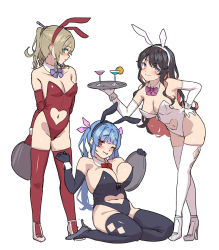 Rule 34 | 1girl, 3girls, alternate costume, animal ears, aqua eyes, arms behind back, bare shoulders, bent over, black hair, blonde hair, blue hair, blush, bow, bowtie, breasts, clothing cutout, cocktail glass, collarbone, commentary request, cup, detached collar, drill hair, drinking glass, elbow gloves, fake animal ears, full body, gloves, hair ribbon, hand on own hip, hatakaze (kancolle), high heels, highres, holding, holding tray, i-19 (kancolle), kantai collection, large breasts, leotard, long hair, looking at viewer, multicolored hair, multiple girls, naganami (kancolle), navel cutout, one eye closed, pink hair, playboy bunny, ponytail, rabbit ears, rabbit tail, red eyes, ribbon, satsuki neko, simple background, sitting, skindentation, smile, standing, star-shaped pupils, star (symbol), strapless, symbol-shaped pupils, tail, thighhighs, tray, two-tone hair, wavy hair, white background, wine glass, wrist cuffs, yellow eyes