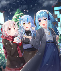 Rule 34 | 3girls, :d, absurdres, ahoge, black jacket, blouse, blue hair, blue skirt, christmas, commentary request, cup, elf, hair between eyes, heart, heart ahoge, highres, holding, holding cup, hololive, horns, hoshimachi suisei, hoshino reiji, jacket, long hair, multicolored hair, multiple girls, nakiri ayame, night, open mouth, outdoors, pointy ears, red hair, red scarf, red skirt, scarf, shirt, silver hair, skin-covered horns, skirt, smile, snowing, standing, star (symbol), star in eye, streaked hair, symbol in eye, thighhighs, virtual youtuber, white shirt, yukihana lamy