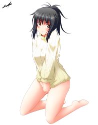 Rule 34 | 1girl, bad id, bad nicoseiga id, bare legs, barefoot, black eyes, black hair, blush, brown eyes, clothes tug, covering privates, covering crotch, haru-yua, highres, kneeling, legs, looking at viewer, naked sweater, original, ponytail, ribbed sweater, signature, simple background, solo, sweater, sweater tug, white background, yua (checkmate)
