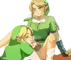 Rule 34 | blush, bottomless, cum, closed eyes, facial, fellatio, fingerless gloves, gauntlets, gloves, hat, link, male focus, nintendo, oral, pant, penis, pointy ears, selfcest, spread legs, the legend of zelda, uncensored, wink, yaoi