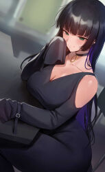 Rule 34 | 1girl, absurdres, black choker, black dress, black hair, blunt bangs, bocchi the rock!, breasts, chair, choker, cleavage, clothing cutout, collarbone, colored inner hair, dress, elbow rest, green eyes, hand up, highres, large breasts, lip piercing, long hair, multicolored hair, pa-san, piercing, revision, rororo, sitting, sleeves past wrists, solo, straight hair, table