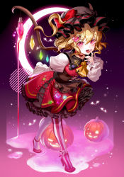 Rule 34 | 1girl, absurdres, adapted costume, asymmetrical legwear, bad id, bad pixiv id, bat (animal), black hat, blonde hair, blood on hands, bow, commentary request, crescent moon, dress, fangs, flandre scarlet, frills, full body, gem, hair bow, hair ornament, halloween, harusame (user wawj5773), hat, hat bow, heart, highres, jack-o&#039;-lantern, looking at viewer, mismatched legwear, mob cap, moon, pantyhose, pumpkin, purple background, red bow, red dress, red eyes, short hair, single thighhigh, sleeves past wrists, smile, solo, standing, striped clothes, striped pantyhose, striped thighhighs, thighhighs, touhou, vertical-striped clothes, vertical-striped pantyhose, wings