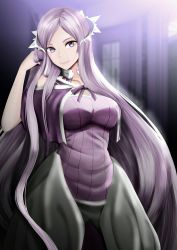 Rule 34 | 1girl, administrator (sao), breasts, closed mouth, dress, hair ornament, highres, indoors, large breasts, long hair, purple dress, purple eyes, purple hair, quinella, ryuzaki 71, silver hair, smile, solo, sword art online, very long hair, window