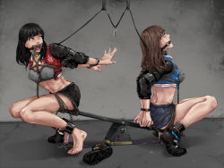 Rule 34 | 2girls, absurdres, arms behind back, bdsm, black hair, bondage, bound, bound arms, brown hair, chain, collar, cropped jacket, dildo, dildo riding, gag, gagged, highres, jacket, kim ji-yoon, linked collar, lock, miya (sudden attack 2), multiple girls, no socks, original, pick&#039;k, predicament bondage, restrained, ring gag, rope, saliva, second-party source, sex toy, shoes, slave, sneakers, sudden attack 2