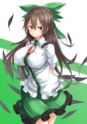 Rule 34 | 1girl, arms behind back, bad id, bad pixiv id, black feathers, bow, breasts, brown hair, closed mouth, cowboy shot, dress shirt, elusya, feathers, frilled shirt, frilled shirt collar, frilled skirt, frills, green bow, green skirt, hair between eyes, hair bow, highres, large breasts, long hair, looking at viewer, no wings, puffy short sleeves, puffy sleeves, red eyes, reiuji utsuho, shirt, short sleeves, skirt, smile, solo, third eye, touhou