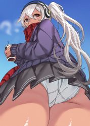 Rule 34 | 1girl, ass, ass focus, azur lane, black skirt, blue sky, bright pupils, cardigan, cloud, coffee, coffee cup, commentary request, cowboy shot, crossed bangs, cup, dark-skinned female, dark skin, disposable cup, facepaint, from below, hair between eyes, headphones, high ponytail, holding, holding cup, long hair, looking back, miniskirt, minneapolis (azur lane), minneapolis (wild huntress schoolgirl) (azur lane), official alternate costume, ootani nonno, paid reward available, panties, plaid, plaid scarf, pleated skirt, purple cardigan, red eyes, red scarf, scarf, shiny skin, skirt, sky, solo, underwear, very long hair, white hair, white panties, white pupils