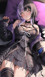 1girl absurdres bare_shoulders bed_sheet belt black_belt black_choker black_coat black_dress black_hair black_nails black_thighhighs blunt_bangs blush breasts chest_belt choker cleavage closed_mouth coat commentary dress embarrassed fingernails from_above fur-trimmed_coat fur_trim furrowed_brow grey_hair hair_ornament highres hirahiragi_(h1rqg1) hololive hololive_english horizontal-striped_thighhighs lace lace_choker large_breasts layered_dress long_fingernails long_hair long_sleeves looking_at_viewer lying multicolored_hair nail_polish off_shoulder on_back open_clothes open_coat pendant_choker pillow quill shiori_novella shiori_novella_(1st_costume) sleeveless sleeveless_dress sleeves_past_wrists solo split-color_hair striped_arm_warmers striped_clothes striped_thighhighs thigh_strap thighhighs two-tone_hair virtual_youtuber wavy_mouth yellow_eyes