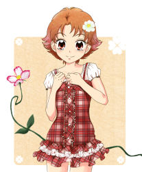 Rule 34 | 00s, 1girl, brown eyes, brown hair, dress, eyelashes, flower, frills, gathers, hair flower, hair ornament, hands on own chest, maryu, natsuki rin, precure, short hair, skirt, smile, solo, yes! precure 5