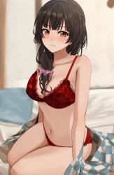 Rule 34 | 1girl, absurdres, amyu (amm asl pa), armpit crease, bed sheet, black hair, blunt bangs, blush, bra, breasts, cleavage, collarbone, detached sleeves, hair ornament, hair scrunchie, highres, idolmaster, idolmaster shiny colors, indoors, kneeling, lace, lace-trimmed bra, lace-trimmed panties, lace trim, large breasts, looking at viewer, mayuzumi fuyuko, midriff, navel, panties, pillow, red bra, red panties, scrunchie, side ponytail, solo, thighs, two side up, underwear, underwear only