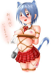 Rule 34 | 1girl, absurdres, animal ears, arms behind back, ball gag, bdsm, blue hair, blush, bondage, bound, box tie, breasts, cat ears, cat tail, detached collar, gag, gag around neck, unworn gag, highres, necktie, nipples, open mouth, original, pussy juice, red eyes, rope, sex toy, shibari, short hair, skirt, solo, tail, topless, ungagged, vibrator, wiffle gag