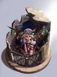 Rule 34 | 1girl, ascot, ball and chain restraint, blonde hair, blush, bororii (brbrsalary), broken wall, candle, candlestand, chain, crystal, flandre scarlet, frilled skirt, frills, grey background, hair between eyes, hat, highres, lock, looking at viewer, mob cap, open mouth, puffy short sleeves, puffy sleeves, red eyes, red skirt, red vest, shirt, short hair, short sleeves, side ponytail, simple background, skirt, solo, stuffed animal, stuffed toy, teddy bear, touhou, vest, white hat, white shirt, window, wings, yellow ascot