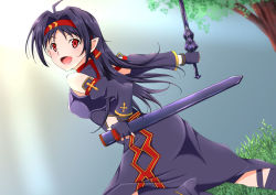 Rule 34 | 1girl, ahoge, armor, blush, breastplate, detached sleeves, dutch angle, fingerless gloves, gloves, grey background, looking at viewer, pointy ears, purple armor, purple hair, red eyes, red hair, smile, solo, sword, sword art online, teto0315, tongue, tree, weapon, yuuki (sao)