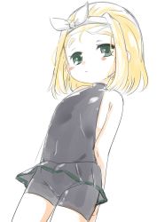 Rule 34 | 1girl, arms behind back, black skirt, black wetsuit, blonde hair, bodysuit, cowboy shot, diving suit, flat chest, green eyes, hairband, highres, kantai collection, looking at viewer, luigi torelli (kancolle), nassukun, simple background, skirt, solo, standing, turtleneck, wetsuit, white background