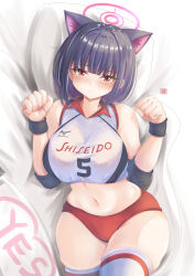 Rule 34 | 1girl, absurdres, animal ears, bare shoulders, bed sheet, black hair, black wristband, blue archive, blush, bob cut, bra, bra visible through clothes, breasts, buruma, cat ears, cat girl, collared shirt, colored inner hair, commentary request, crop top, elbow pads, gym uniform, halo, highres, kazusa (blue archive), lace, lace-trimmed bra, lace-trimmed panties, lace trim, large breasts, linea alba, lingerie, looking at viewer, lying, medium hair, multicolored hair, navel, on back, panties, panty peek, paw pose, pillow, pink eyes, pink hair, pink halo, red bra, red buruma, red panties, shirt, signature, solo, stomach, thighhighs, thighs, tong shui, two-tone hair, underwear, white shirt, white thighhighs, wristband, yes-no pillow