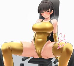 Rule 34 | 1girl, amagami, black eyes, black hair, breasts, breath, commission, competition swimsuit, dated, elbow gloves, exercise machine, feet out of frame, gloves, gold gloves, gold one-piece swimsuit, gold thighhighs, highres, large breasts, one-piece swimsuit, pixiv commission, ponytail, short hair, signature, simple background, sitting, solo, swimsuit, tsukahara hibiki, two-tone swimsuit, white background, yoo tenchi
