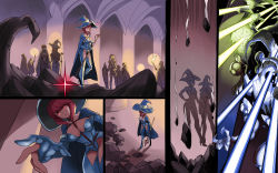 Rule 34 | 6+girls, armor, bikini armor, boots, breasts, cape, cleavage, cloak, debris, elbow gloves, gloves, hat, highres, knight, laser, light, long hair, monster, multiple girls, original, partially fingerless gloves, red eyes, red hair, short hair, staff, sword, uns (sdsxsoverlord), weapon, witch hat