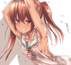 Rule 34 | 10s, 1girl, armpits, arms up, breasts, brown eyes, brown hair, dark-skinned female, dark skin, dress, hat, kantai collection, libeccio (kancolle), long hair, nipples, sailor dress, see-through, sideboob, small breasts, solo, tai (nazutai), tears, twintails, wet, wet clothes