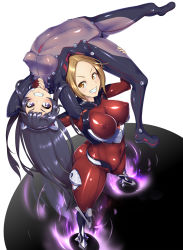 Rule 34 | 2girls, artist request, black hair, bodysuit, breasts, brown eyes, brown hair, carrying, catfight, covered erect nipples, covered navel, guilty crown, highres, large breasts, lifting person, looking at another, multiple girls, purple eyes, shinomiya ayase, short hair, skin tight, tsugumi (guilty crown), void (guilty crown)