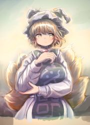 Rule 34 | 1girl, absurdres, animal ears, animal hat, arm under breasts, bad hand, blonde hair, breasts, cowboy shot, dress, fox ears, fox tail, hand up, hat, highres, large breasts, looking to the side, mob cap, multiple tails, mob cap, short hair, shuu (sirokumasabu), simple background, solo, tabard, tail, touhou, white dress, yakumo ran, yellow eyes