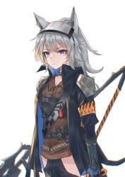 Rule 34 | 1girl, absurdres, animal ears, arknights, armband, belt, belt pouch, black choker, black coat, black gloves, black pants, brown shirt, choker, closed mouth, coat, cowboy shot, dafenpipixia, female focus, flat chest, gloves, grani (arknights), hair between eyes, highres, hip vent, holding, holding weapon, horse ears, infection monitor (arknights), looking ahead, medium hair, open clothes, open coat, pants, ponytail, pouch, purple eyes, shirt, solo, v-shaped eyebrows, visor cap, weapon