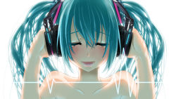 Rule 34 | 1girl, aqua hair, ask02, bare shoulders, blush, cardiogram, closed eyes, hatsune miku, headphones, lips, listening to music, open mouth, solo, tears, twintails, vocaloid, wallpaper