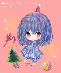 Rule 34 | 1girl, 2018, :o, bad id, bad pixiv id, blue dress, blue hair, blush, bow, box, brown background, chibi, christmas, christmas tree, commentary request, cottontailtokki, dress, gift, gift box, hair between eyes, hat, looking at viewer, merry christmas, original, pantyhose, parted lips, purple eyes, red bow, red hat, santa hat, shadow, solo, sparkle, star (symbol), white pantyhose