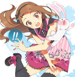 Rule 34 | !, 01 0219, 1girl, asymmetrical bangs, black thighhighs, bow, brown hair, buttons, dress, fingernails, floral print, hairband, idol, idolmaster, idolmaster (classic), long hair, looking away, mary janes, minase iori, nail polish, open mouth, paint splatter, pinafore dress, red eyes, shirt, shoes, sleeveless, sleeveless dress, sleeveless shirt, solo, source request, striped, stuffed animal, stuffed rabbit, stuffed toy, surprised, teeth, thighhighs, white background, x arms