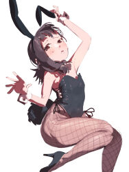 Rule 34 | 1girl, animal ears, arm up, ass, black leotard, blush, breasts, brown hair, chainsaw man, cross-laced leotard, fake animal ears, fishnets, flat chest, higashiyama kobeni, highres, leotard, looking at viewer, medium hair, pantyhose, rabbit ears, raneblu, short ponytail, simple background, single sidelock, small breasts, solo, strapless, strapless leotard, swept bangs, thick thighs, thighs, white background, wrist cuffs
