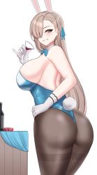 1girl animal_ears aqua_leotard ass asuna_(blue_archive) asuna_(bunny)_(blue_archive) blue_archive blue_bow blue_bowtie blue_eyes blue_leotard bow bowtie breasts brown_pantyhose condom_box cup detached_collar drinking_glass enough_333 fake_animal_ears gloves hair_over_one_eye hair_ribbon highleg highleg_leotard highres large_breasts leotard light_brown_hair okamoto_condoms pantyhose playboy_bunny rabbit_ears ribbon sideboob solo strapless strapless_leotard swept_bangs traditional_bowtie white_background white_gloves