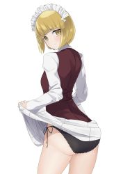 Rule 34 | 1girl, ass, bartender, black panties, blonde hair, blunt bangs, blush, bob cut, brown vest, closed mouth, clothes lift, commentary, cowboy shot, cutlass (girls und panzer), dress shirt, from behind, frown, girls und panzer, highres, kakimoto nao, lace, lace-trimmed panties, lace trim, lifted by self, long sleeves, looking at viewer, looking back, maid headdress, miniskirt, ooarai naval school uniform, panties, pleated skirt, sailor, school uniform, shirt, short hair, side-tie panties, simple background, skirt, skirt lift, solo, standing, underwear, vest, white background, white shirt, white skirt, yellow eyes