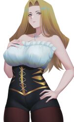 Rule 34 | 1girl, artist name, bare arms, bare shoulders, black corset, black eyes, blonde hair, bra, breasts, brown hair, brown pantyhose, closed mouth, collarbone, corset, cowboy shot, frilled bra, frills, halterneck, hand on own chest, highres, large breasts, long hair, methode (sousou no frieren), pantyhose, ryumikooo, simple background, solo, sousou no frieren, underwear, white background, white bra