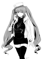 Rule 34 | 1girl, bag, blush, drill hair, goddess of victory: nikke, greyscale, hat, holding, hood, hood down, hooded jacket, jacket, kanein, long hair, looking at viewer, monochrome, official alternate costume, pencil skirt, privaty (government grunt) (nikke), privaty (nikke), satchel, sketch, skirt, twin drills, twintails, very long hair, weapon, weapon on back