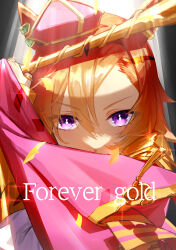 Rule 34 | 1girl, absurdres, animal ears, arm up, armor, asymmetrical bangs, cape, confetti, covering own mouth, crown, diffraction spikes, ear piercing, english text, glint, highres, horse ears, long sleeves, looking at viewer, orange hair, piercing, pink cape, purple eyes, shirt, shoulder armor, solo, t.m. opera o (umamusume), umamusume, umeumeduka, upper body, white shirt