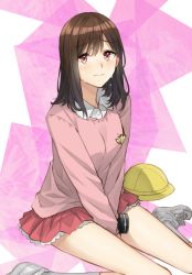 Rule 34 | 1girl, animification, between legs, blush, breasts, brown hair, character request, closed mouth, collared shirt, crying, crying with eyes open, dress shirt, hand between legs, hat, highres, long hair, looking at viewer, mashin sentai kiramager, pink shirt, pleated skirt, red eyes, red skirt, school hat, shirt, shoes, sitting, skirt, small breasts, socks, solo, somechime (sometime1209), super sentai, tears, ultra series, ultraman r/b, unworn hat, unworn headwear, wariza, wavy mouth, white footwear, white shirt, white socks, yellow hat
