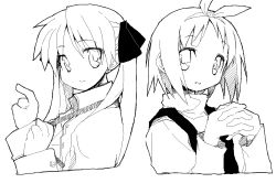 Rule 34 | 00s, 2girls, greyscale, hair ribbon, hiiragi kagami, hiiragi tsukasa, long hair, looking at viewer, lucky star, monochrome, multiple girls, necktie, own hands together, ribbon, shirt, short hair, siblings, simple background, sisters, tsurime, upper body, white background