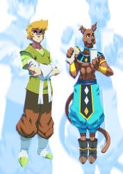 Rule 34 | 2boys, abs, adapted costume, animal collar, animal ears, ankle boots, baggy pants, beerus, beerus (cosplay), belt, boots, brown fur, brown hair, collar, commentary, commission, cosplay, crossed arms, crossover, cup, disposable cup, dog boy, dog ears, dog tail, dragon ball, dragon ball super, drinking straw, earclip, english commentary, facial hair, food, food on face, furry, furry male, gloves, highres, holding, holding food, male focus, multiple boys, muscular, pants, personification, pointy footwear, scooby-doo, scooby-doo (character), shaggy rogers, shoes, snout, stubble, tail, topless male, tovio rogers, vambraces, white belt, white gloves, zoom layer
