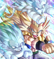 3boys baggy_pants blonde_hair blue_eyes child cropped_vest dragon_ball ghost gotenks kamiyama_sumu metamoran_vest multiple_boys open_mouth pants saiyan spiked_hair super_saiyan super_saiyan_3 vest white_pants